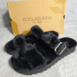 Koolaburra UGG Women's Furr-Ah Black Faux Fur Slide Sandals Slippers Size 11 NEW